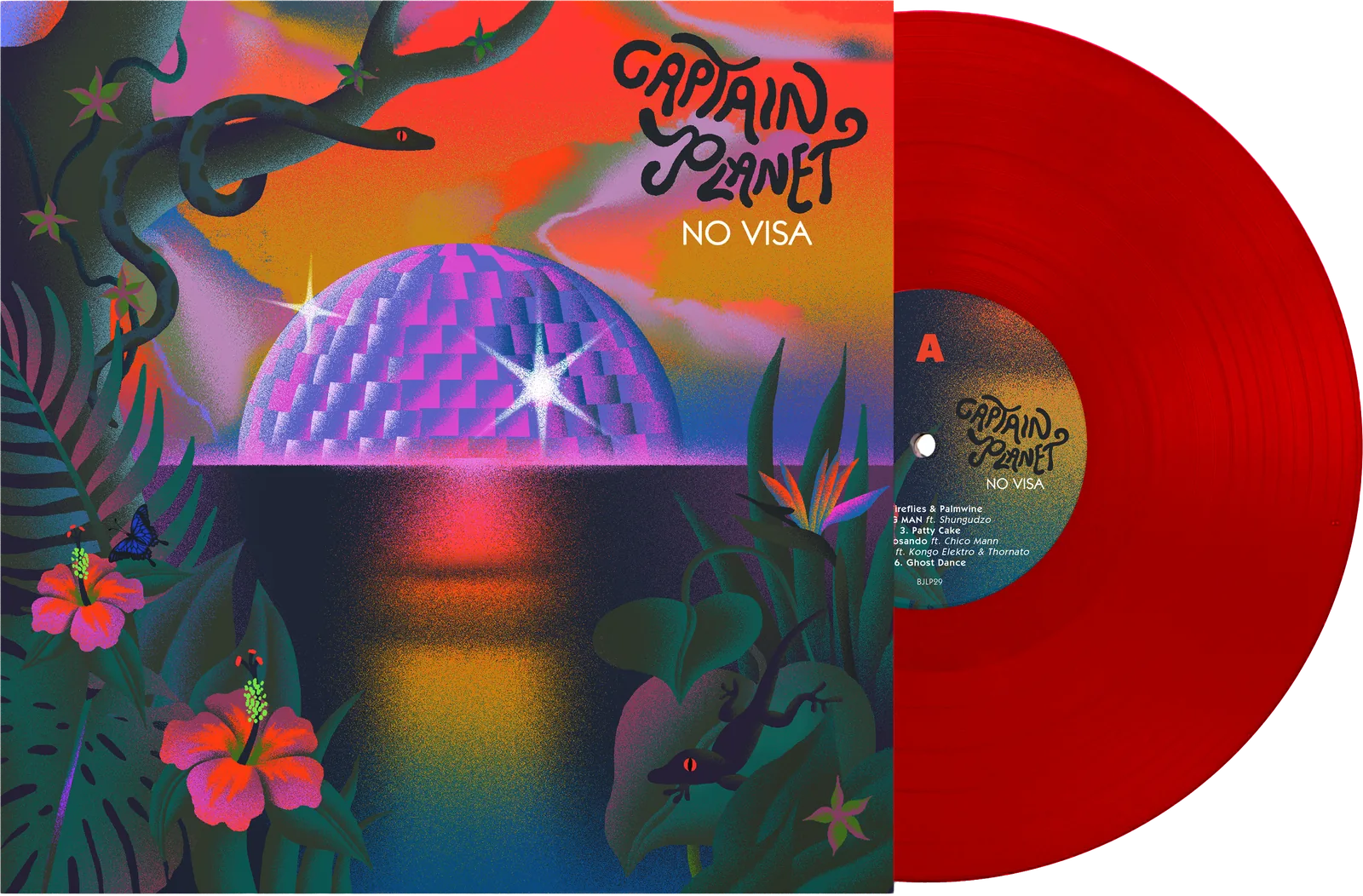 Captain Planet No Visa front sleeve and red vinyl, with illustration by Ariel Davis