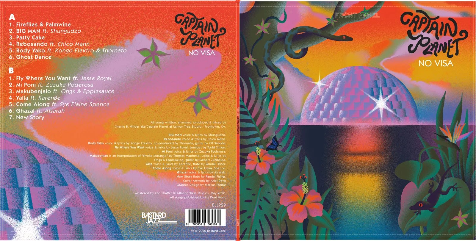 Captain Planet front and back print layout with track typography over Ariel Davis's illustration