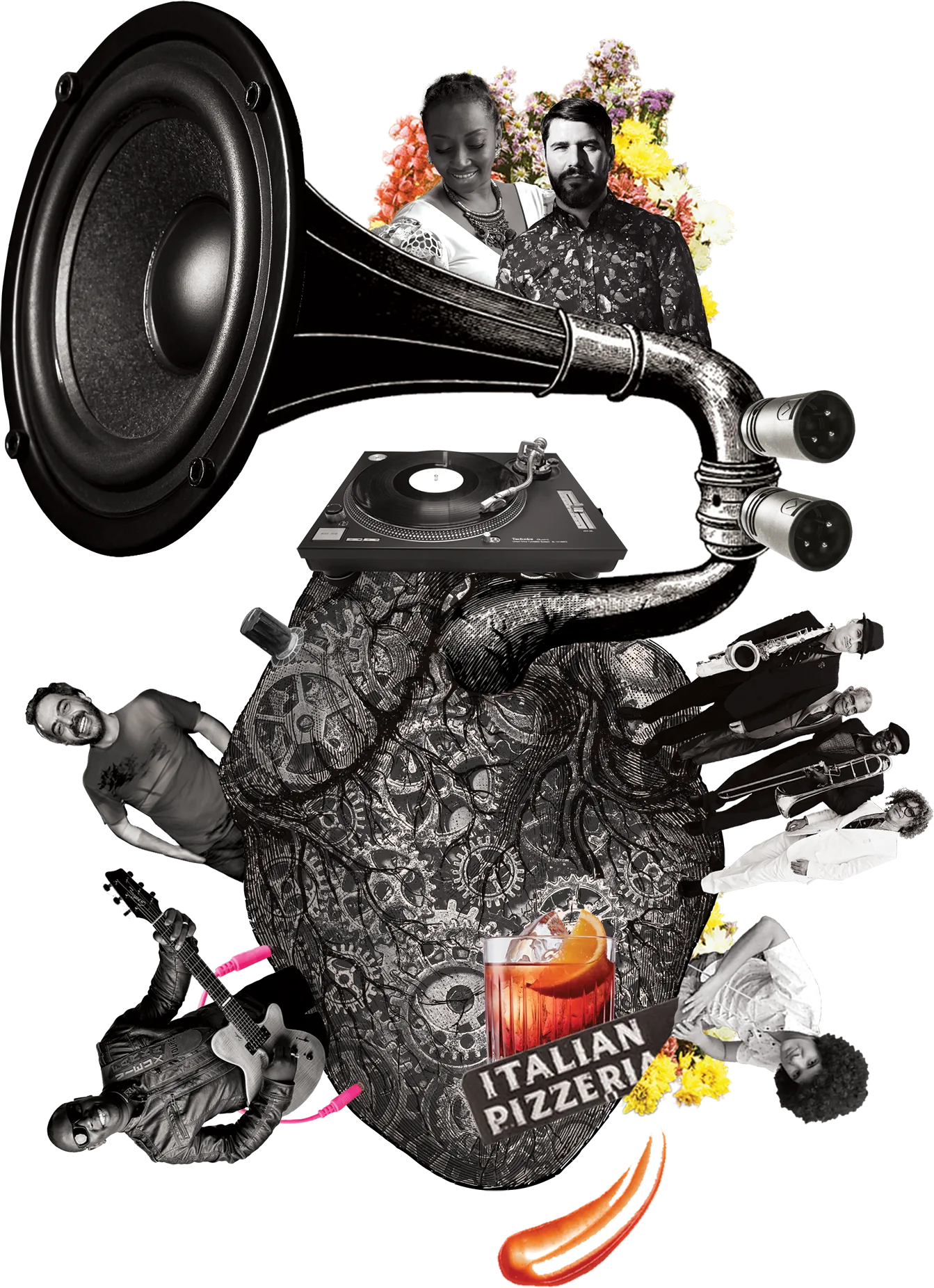 Isolated Nickodemus machine composition with collaborator photographs, speaker, turntable and personal references