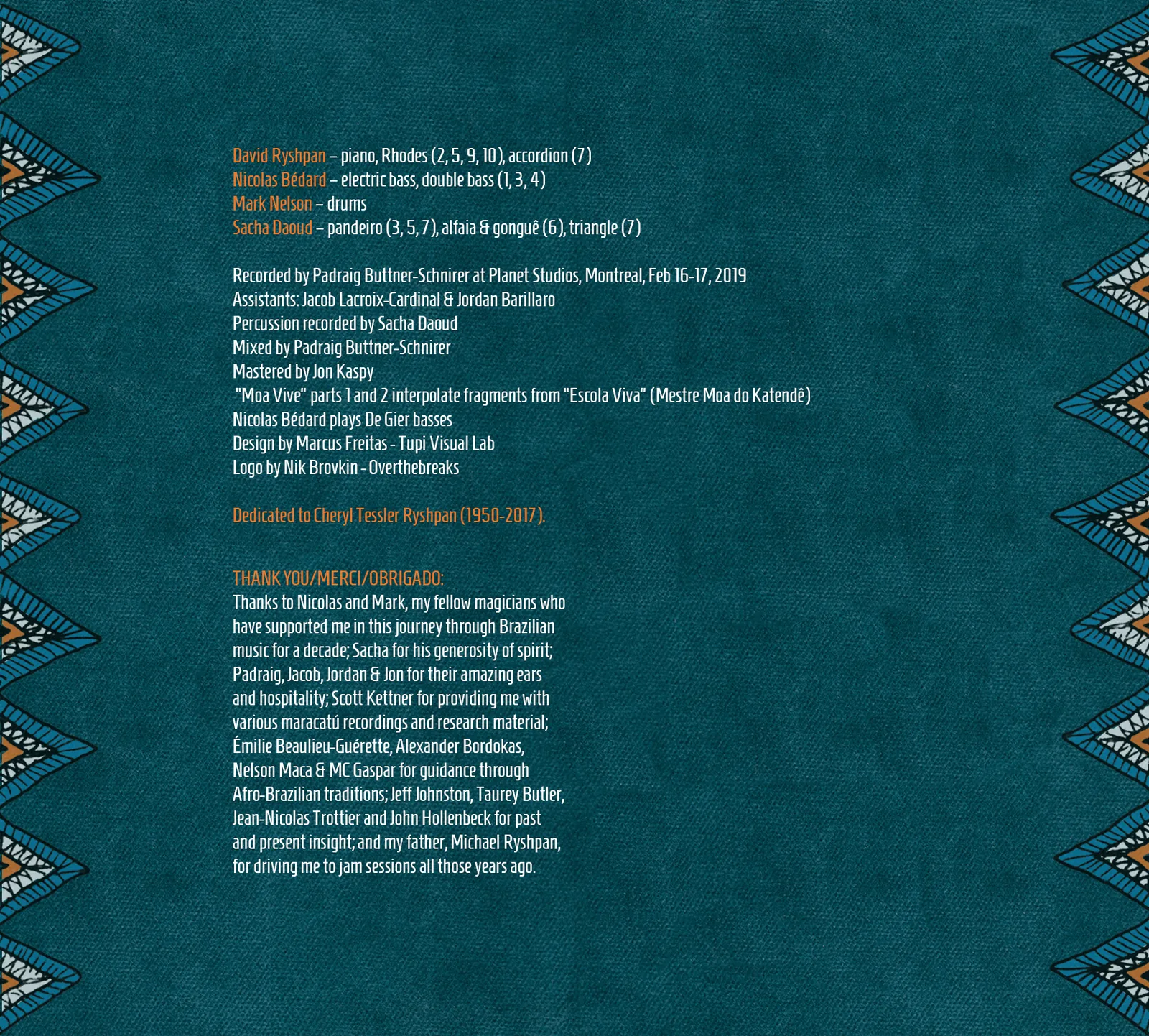 Trio Bruxo interior with musician and production credits framed by a triangular border