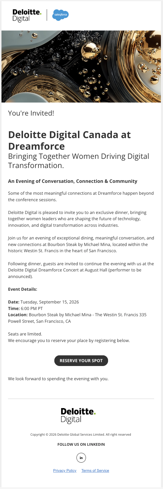 Invitation email for the Women in Tech dinner at Dreamforce 2026