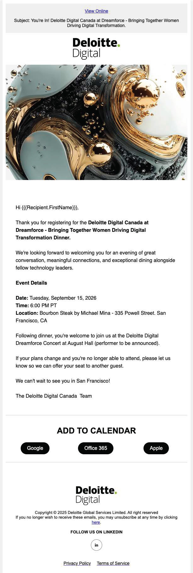 Automated registration confirmation email for the Women in Tech dinner at Dreamforce 2026