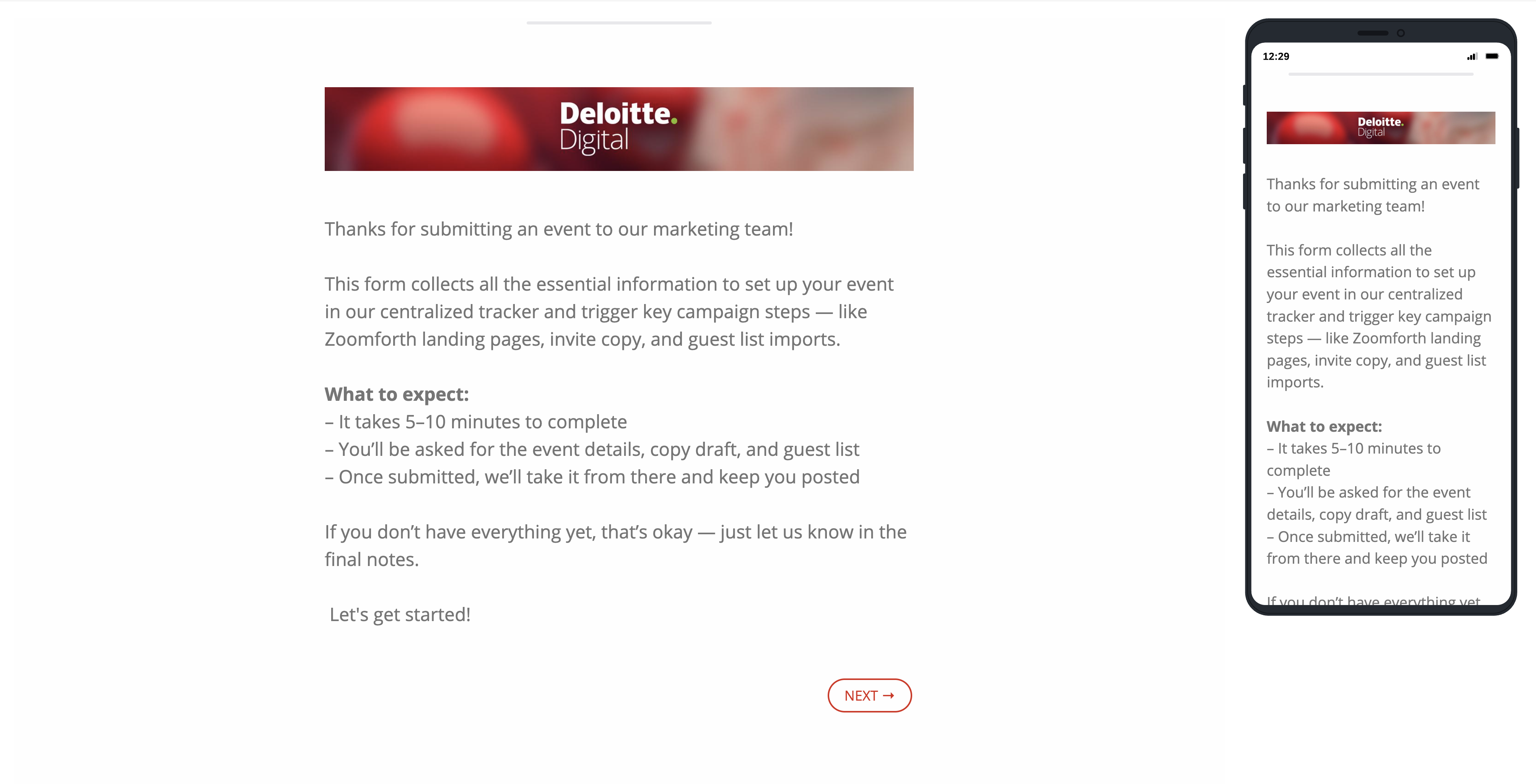 Event marketing intake form shown across desktop and mobile