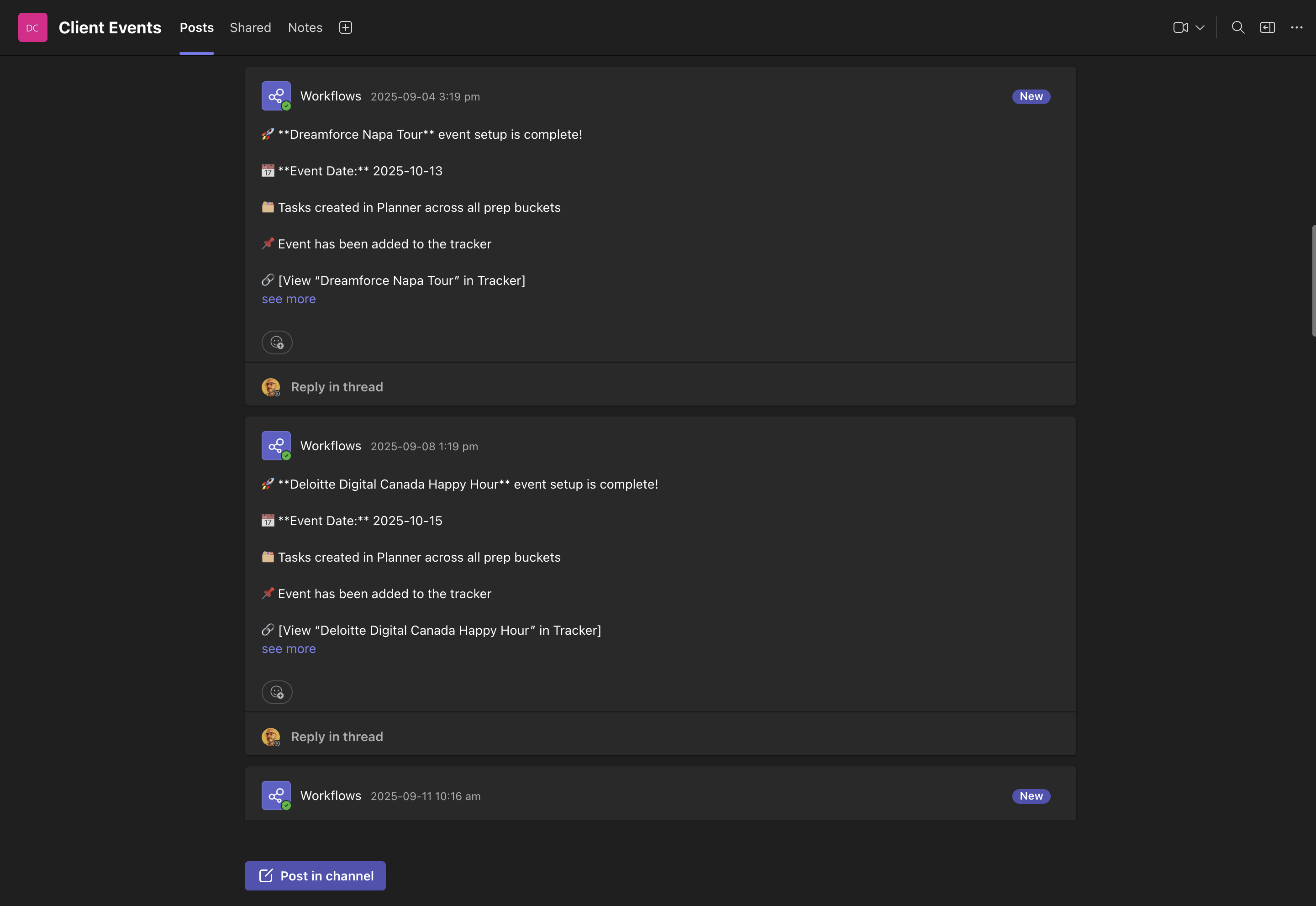 Teams workflow notifications confirming automated event setup and handoff